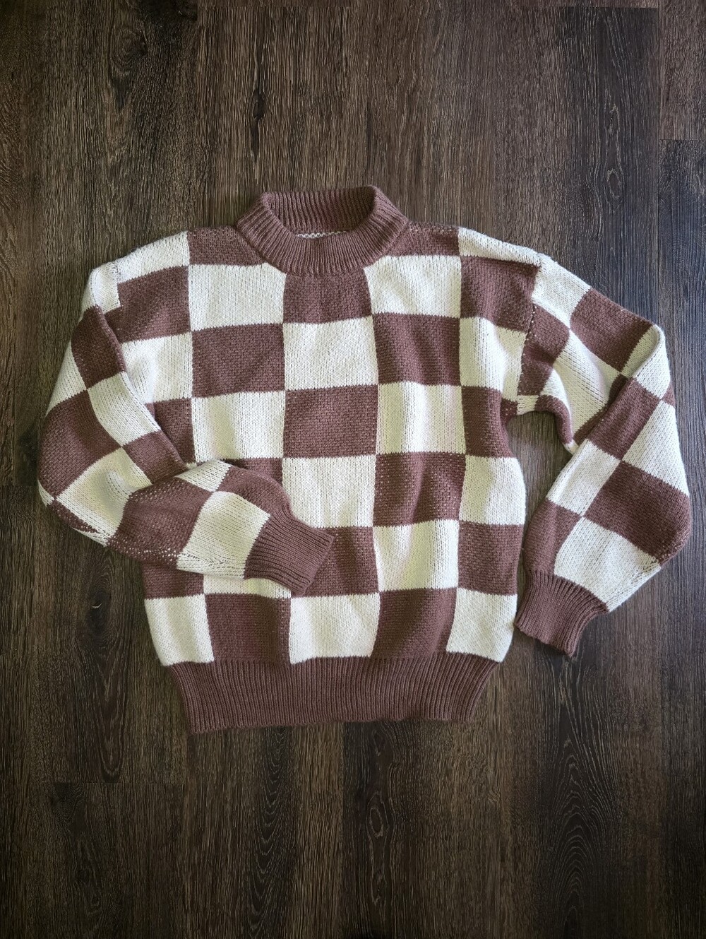SHEIN Brown and Cream Checkerboard Crewneck Sweater